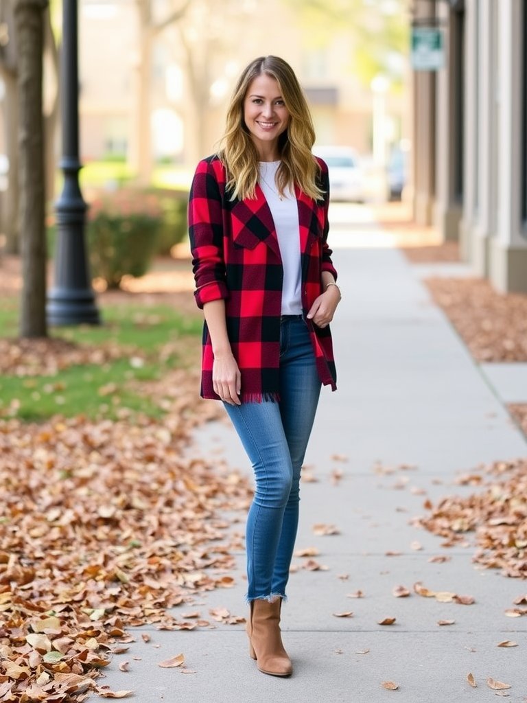 Trendy fall outfit: Plaid shacket and jeans for a casual autumn look