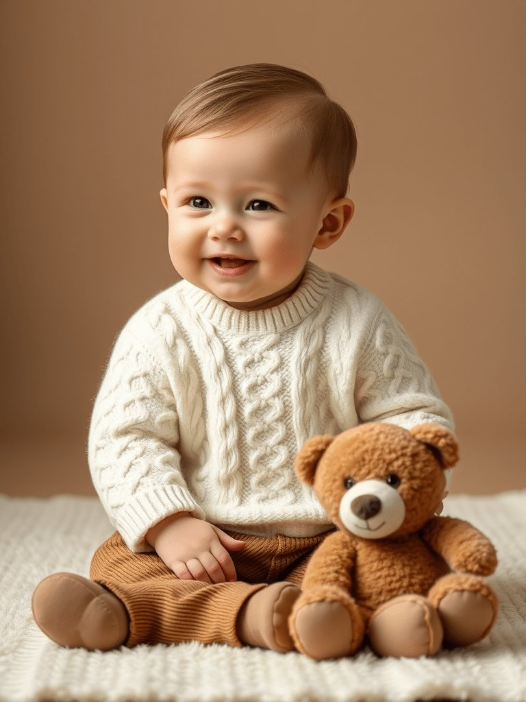 Baby boy in cable knit sweater playing with teddy bear