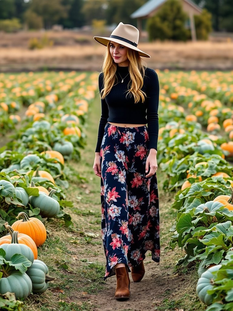 90s boho fall outfit: maxi skirt and crop top