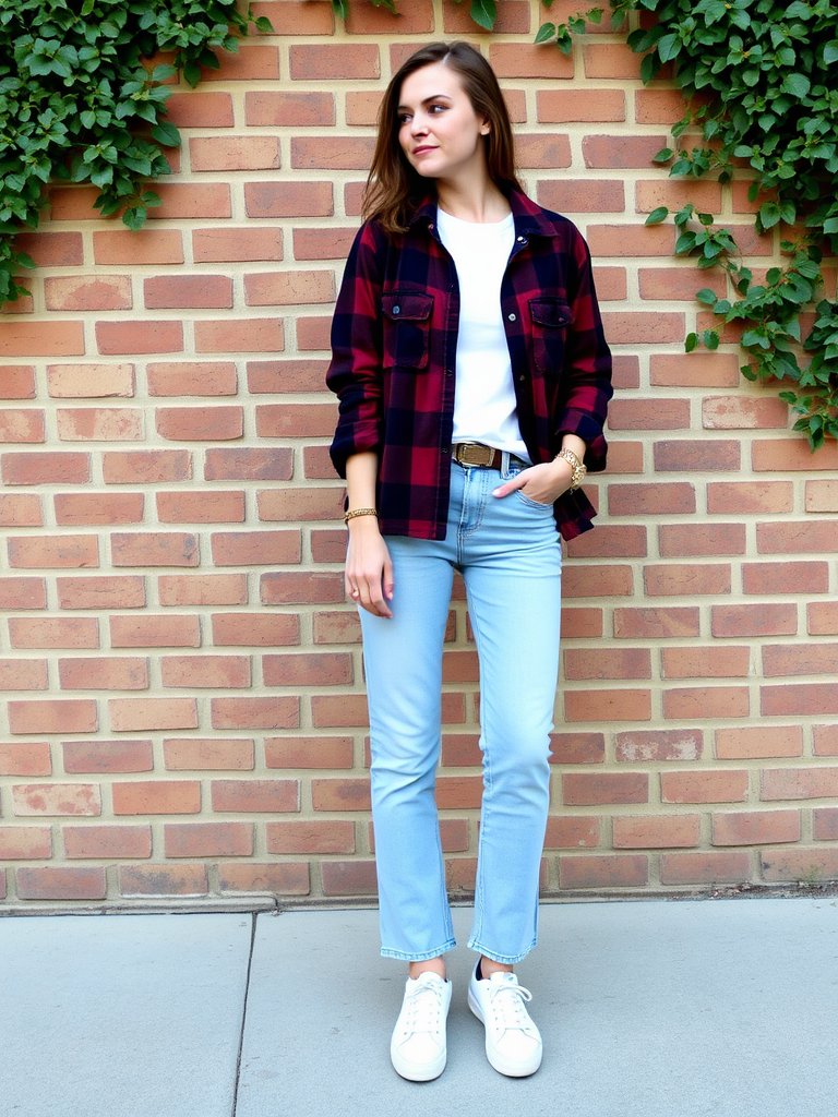 Woman in shacket and mom jeans for trendy fall look