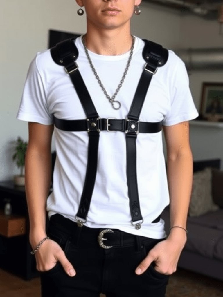 Edgy fall outfit: Leather harness over t-shirt