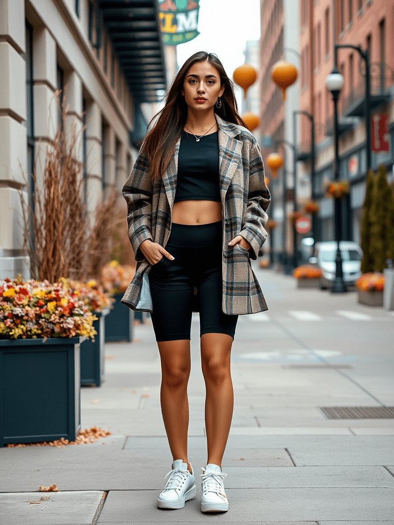 Trendy fall outfit: Oversized blazer and bike shorts for a modern autumn look