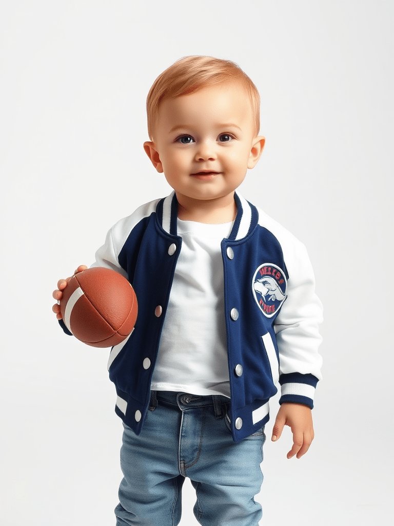 Baby boy in varsity jacket holding small football