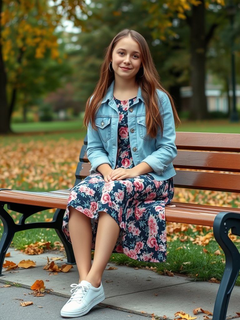 Teen girl in denim jacket and dress for autumn outfit