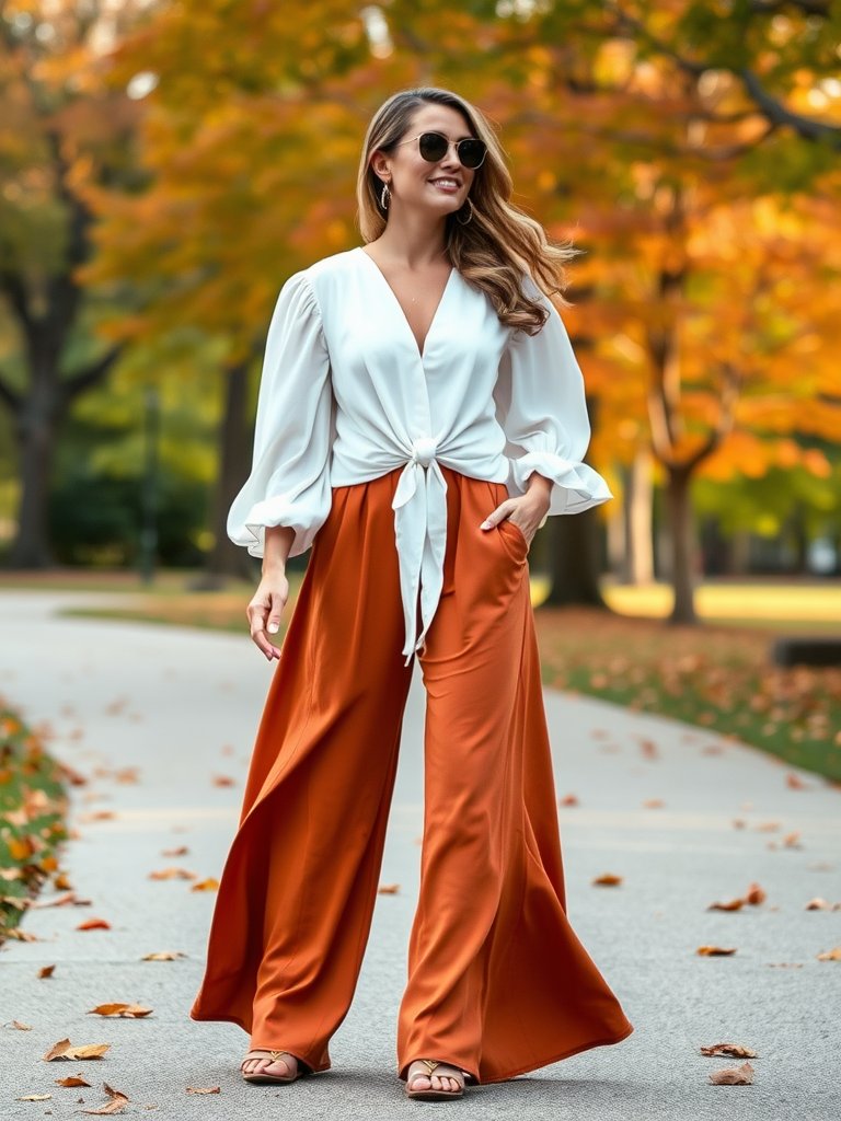 Boho fall outfit: Tie-front blouse with palazzo pants