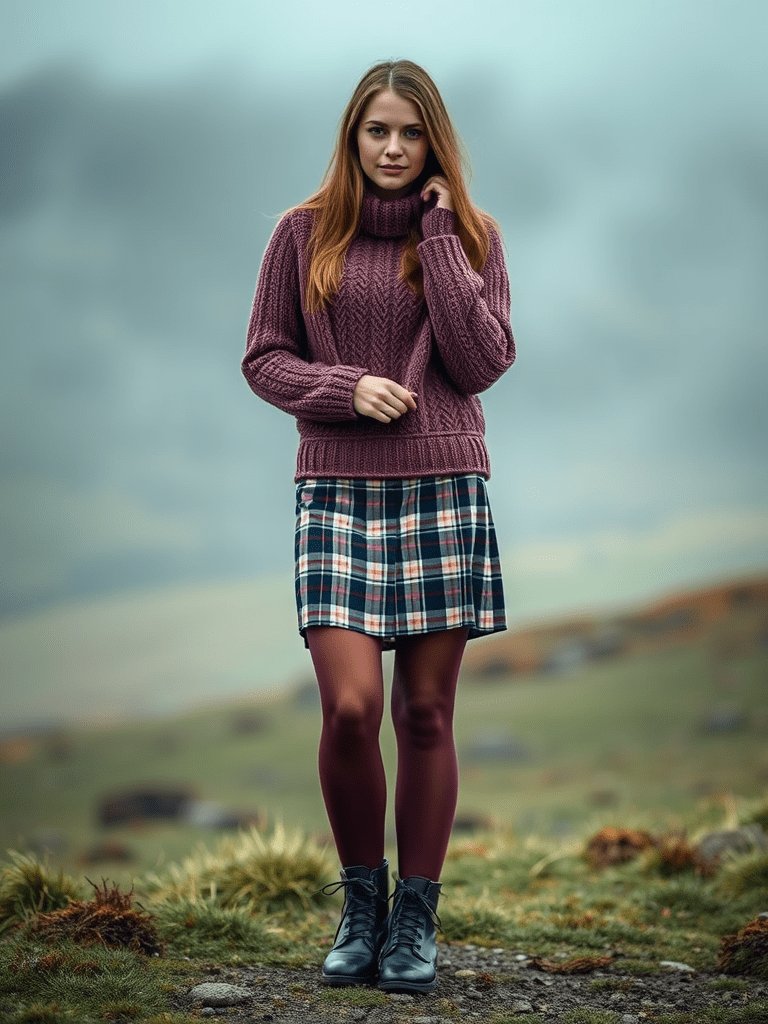 Cozy Scottish-inspired fall outfit with chunky sweater and tartan skirt