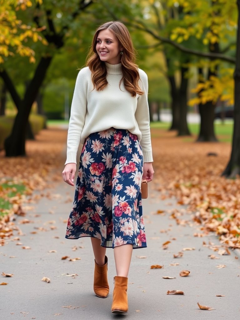 Feminine fall outfit with midi skirt and ankle boots