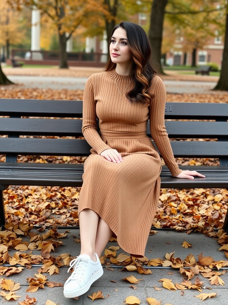Woman in knit set for comfortable yet stylish fall outfit