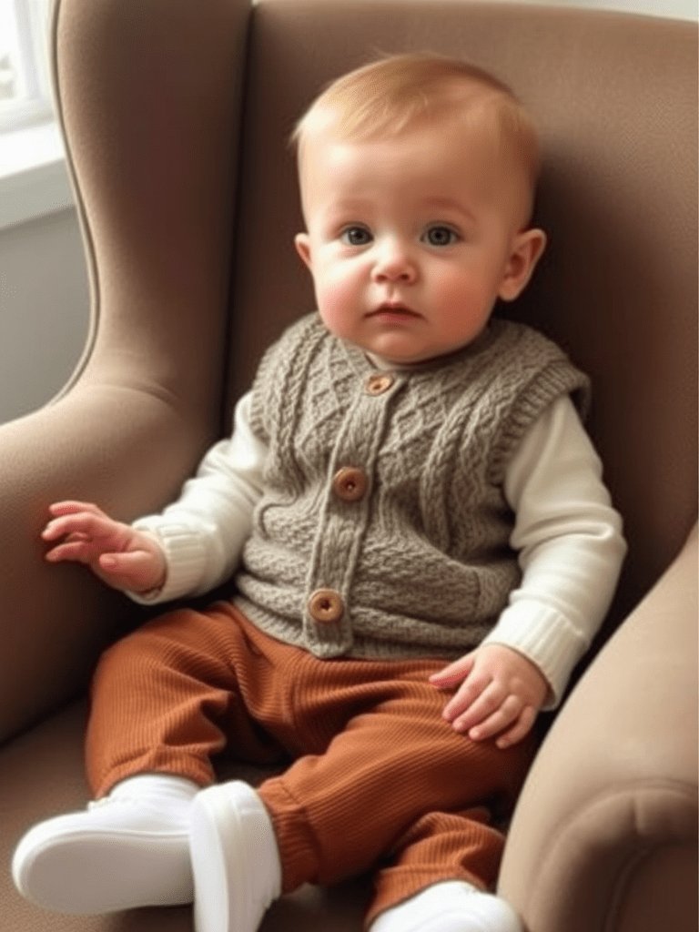 Baby boy in knitted vest and corduroy pants in armchair