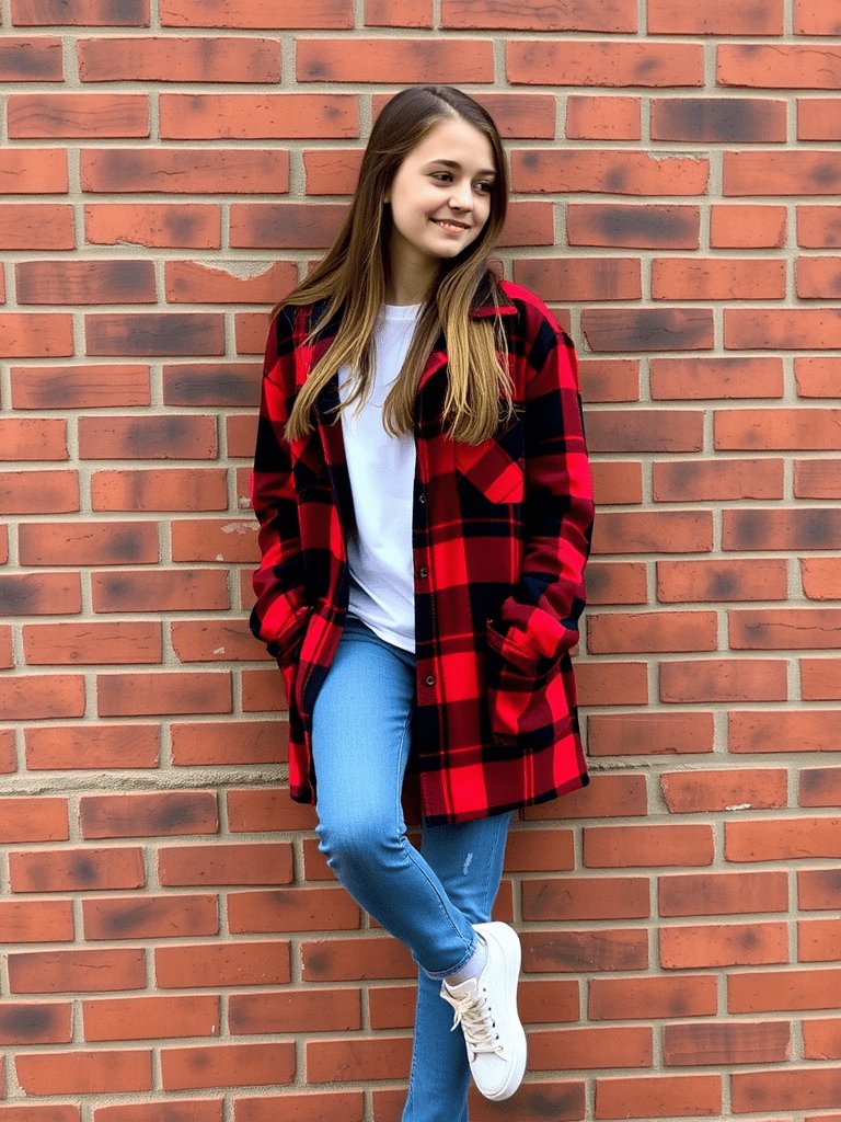 Teen girl in plaid shacket and jeans for autumn style