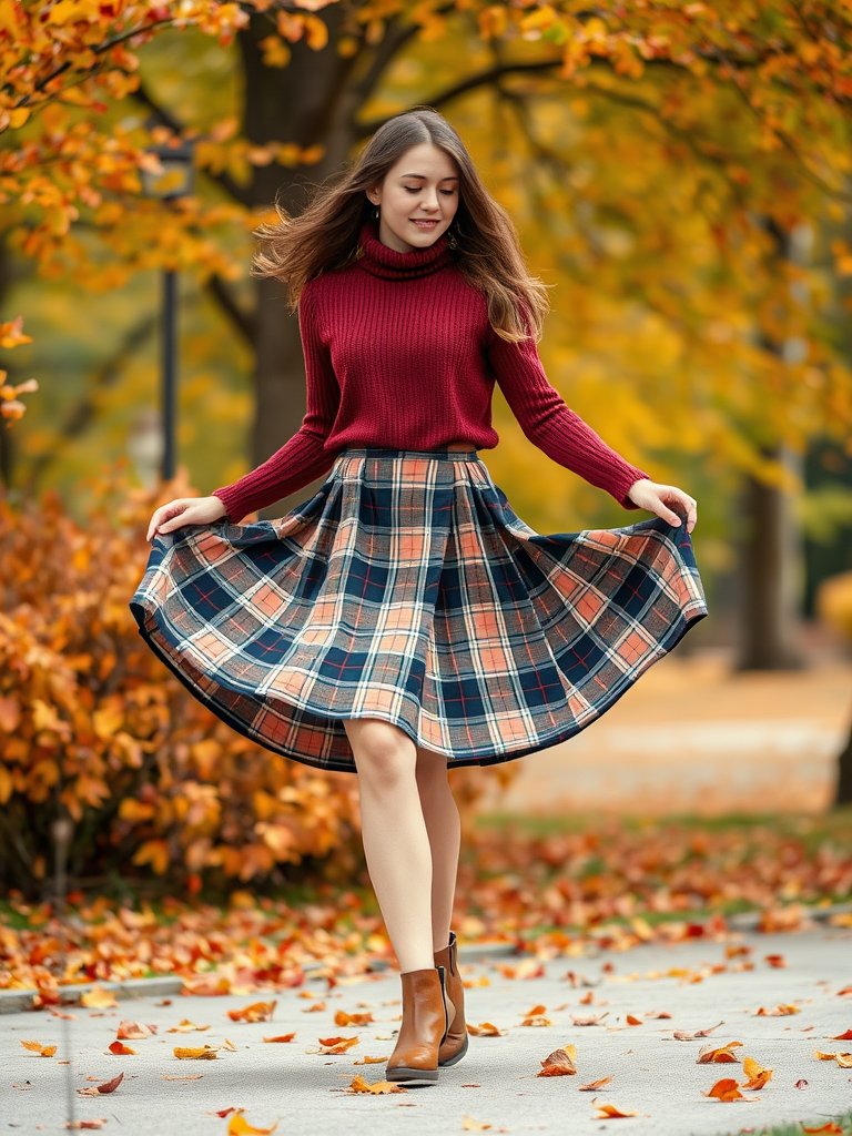 Stylish preppy fall outfit with plaid skirt