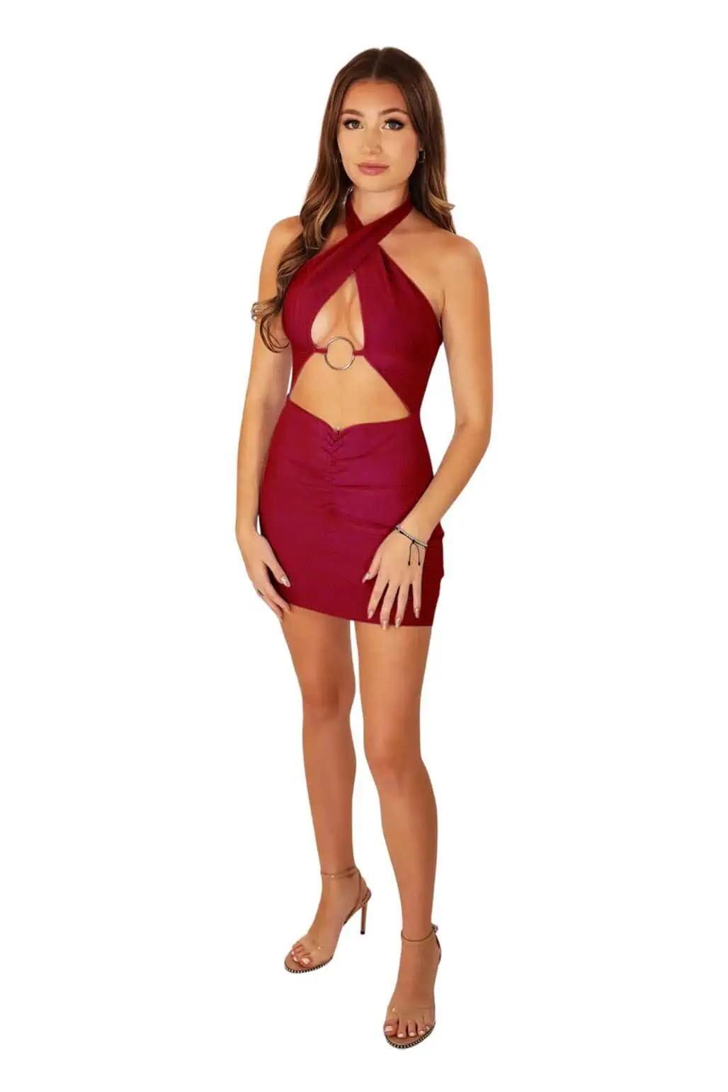 Cross-Halter-Sexy-Red-Smoothing-Bodycon-Cutout-Cinched-Mini-Dress-with-O-Ring-and-Front-Ruched-Skirt