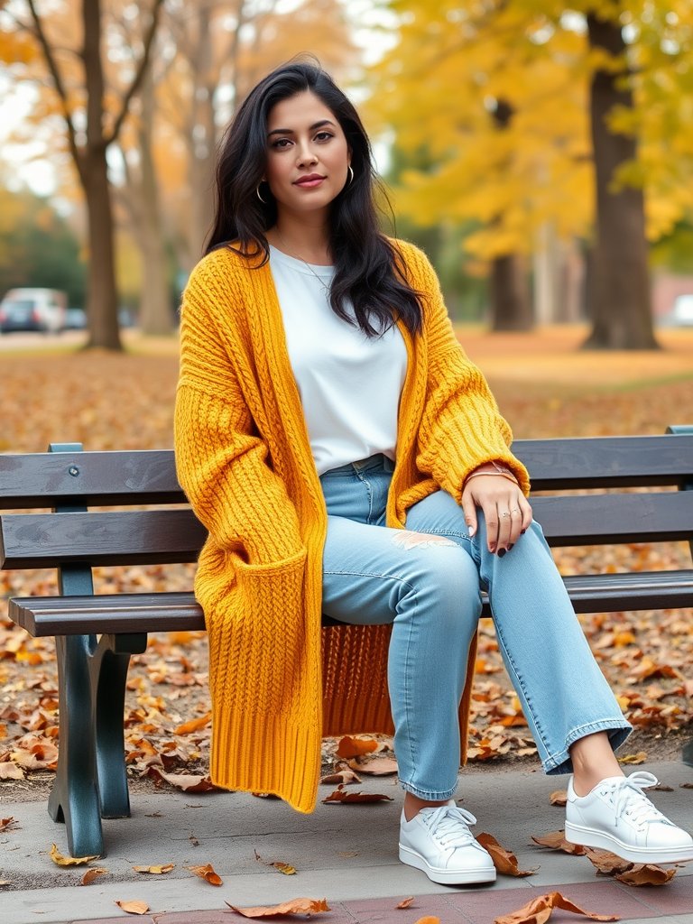 Comfortable fall outfit: Chunky cardigan and mom jeans for a relaxed autumn style