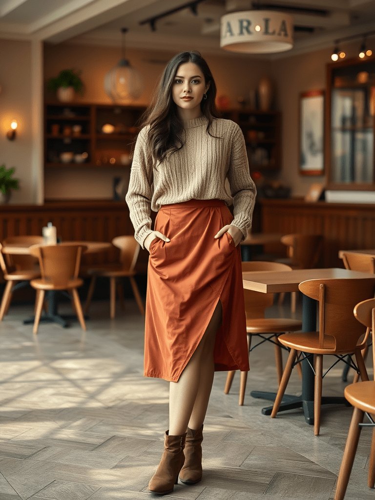 Wrap skirt fall outfit with cropped sweater