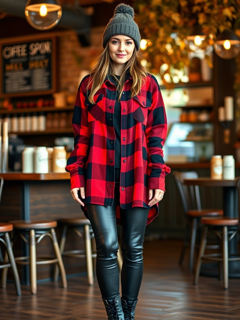 Edgy fall outfit: Oversized flannel with leather leggings