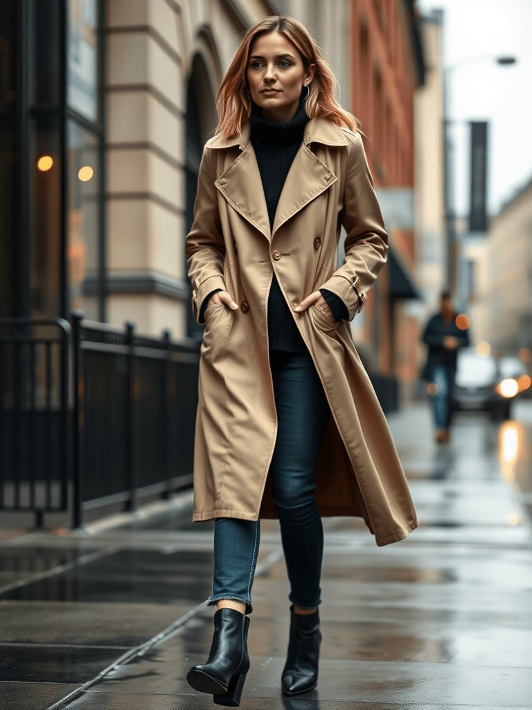 Woman in trench coat and ankle boots for classic autumn style
