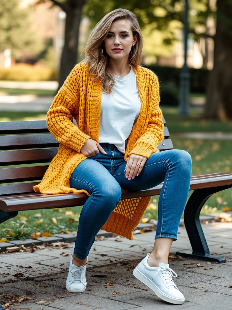 Woman in chunky cardigan and jeans for casual fall look