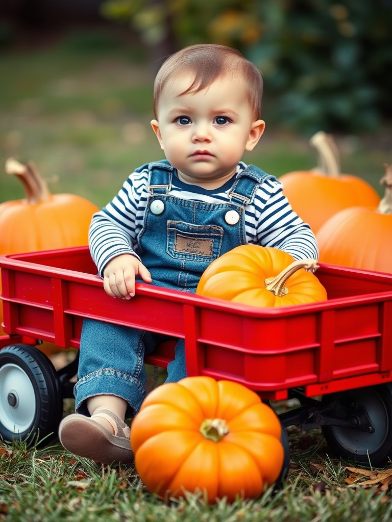 Baby boy in denim overalls sitting in wagon with pumpkins