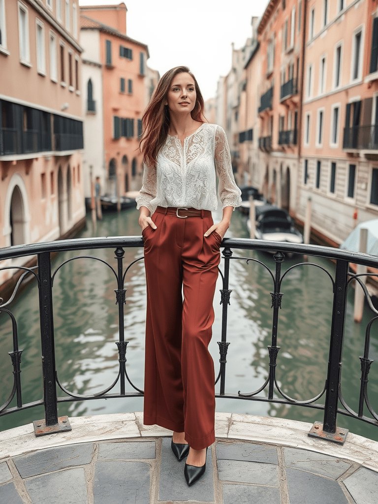 Venetian-inspired fall outfit with lace blouse and palazzo pants