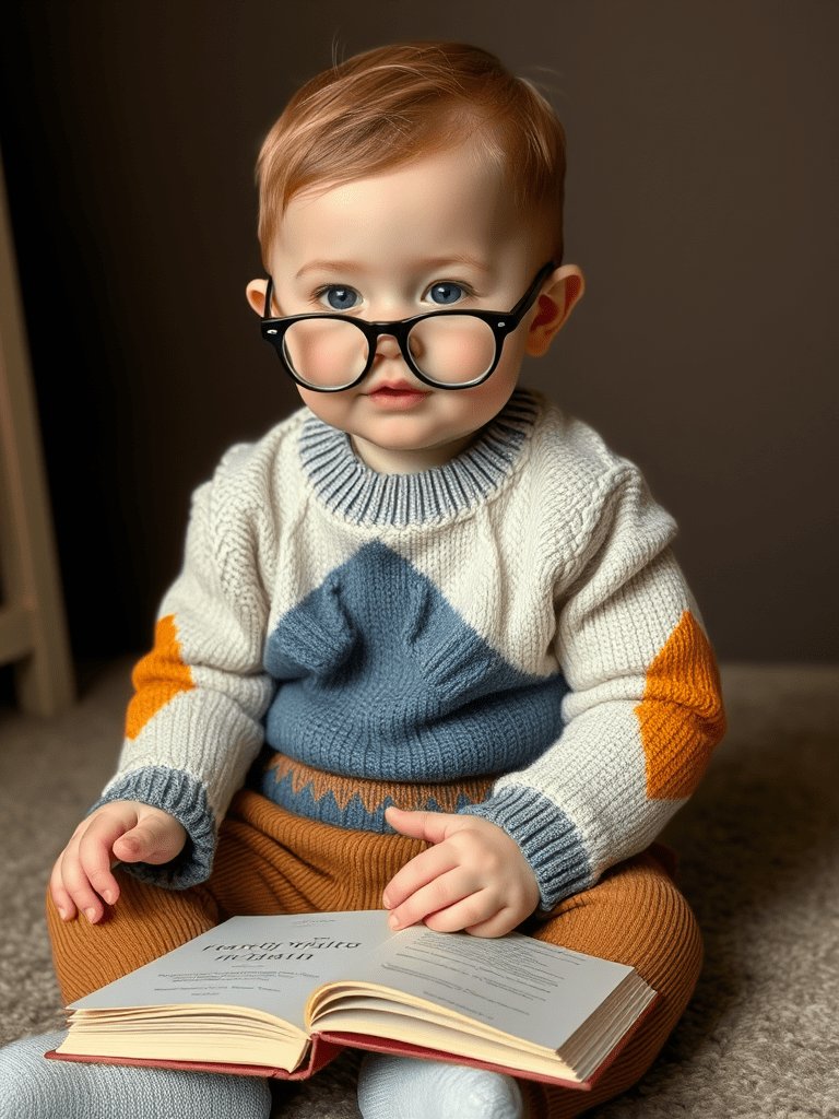 Baby boy in sweater with elbow patches and tiny glasses