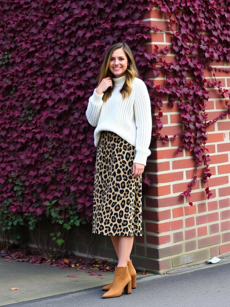 Trendy fall outfit: Printed midi skirt and chunky knit for a fashionable autumn look