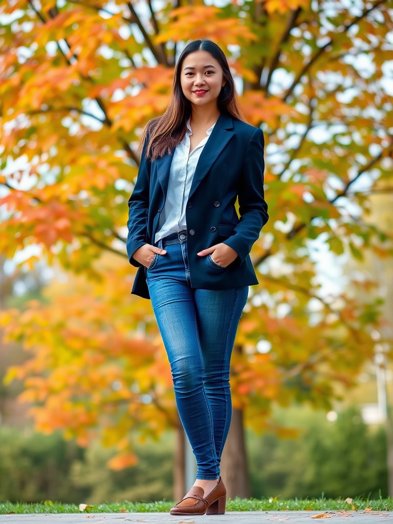 Preppy fall outfit with classic blazer and jeans combo
