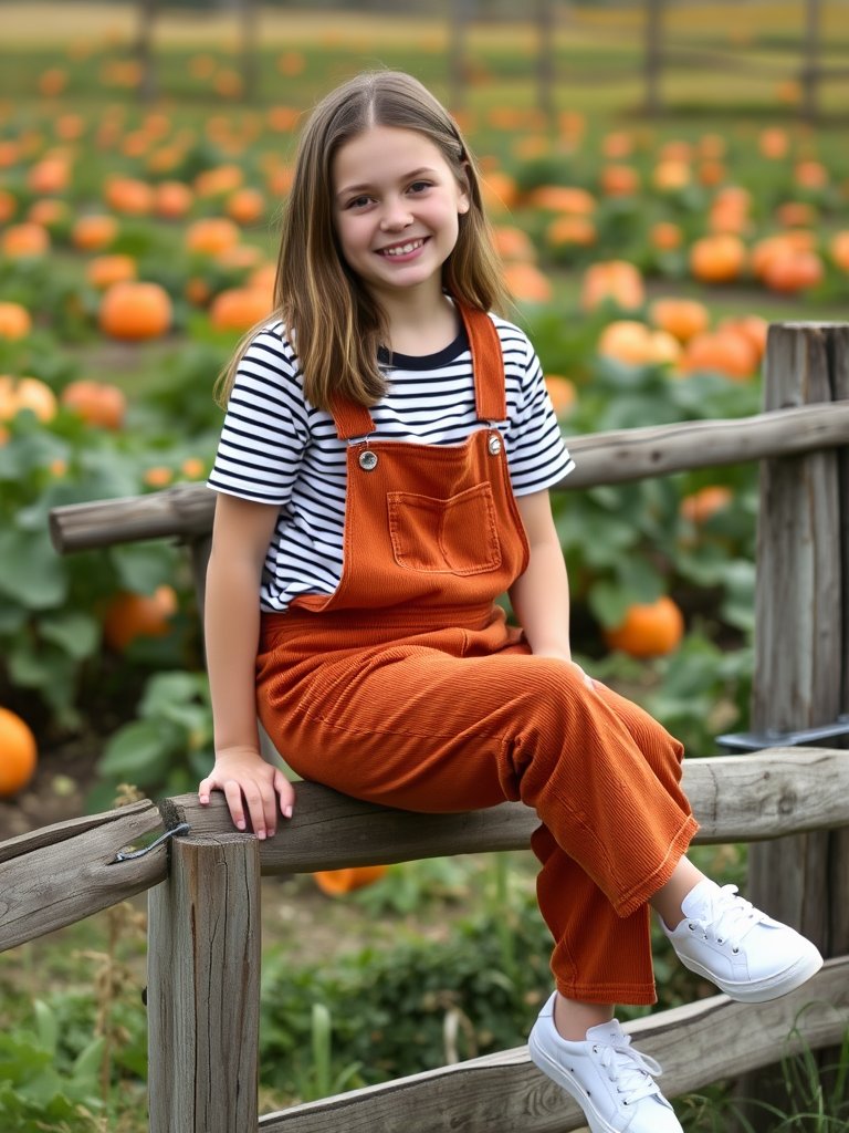 Teen girl in corduroy overalls and striped tee for cute fall look