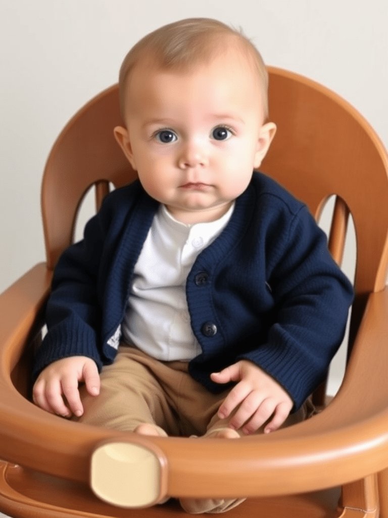 Baby boy in navy cardigan and khaki pants in high chair