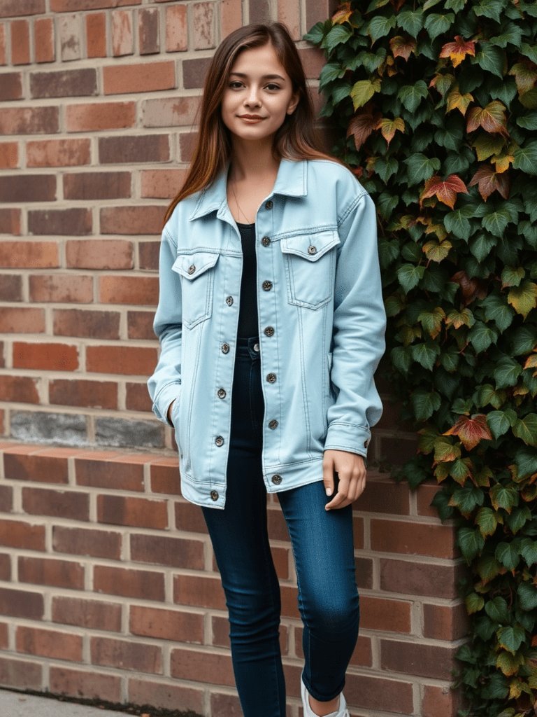 Teen girl in denim-on-denim for edgy fall outfit