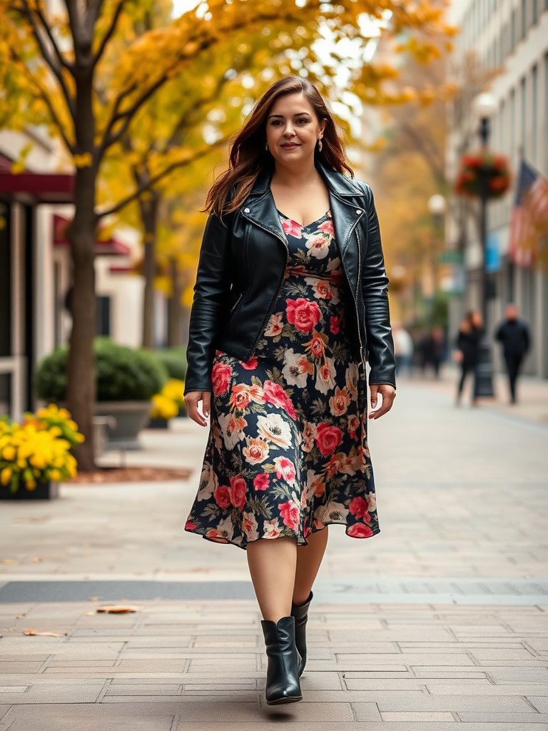 Curvy woman in flowy midi dress and leather jacket for fall