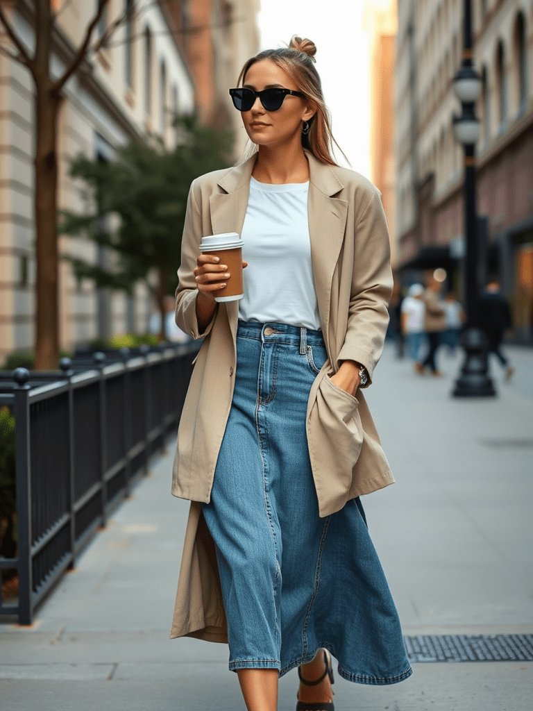 Denim skirt fall outfit with oversized blazer