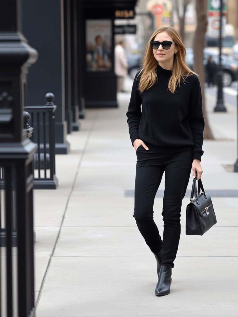Woman in monochrome black outfit for minimalist fall style