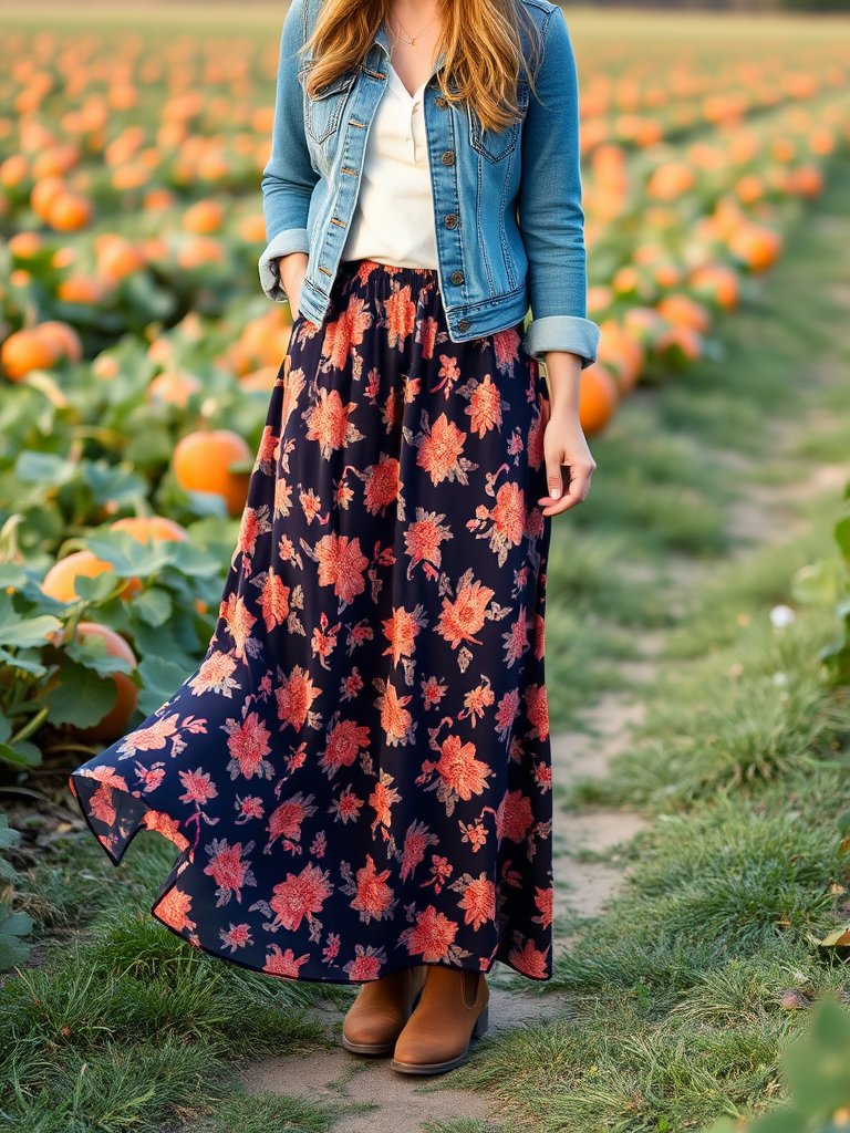 Floral maxi skirt fall outfit with denim jacket
