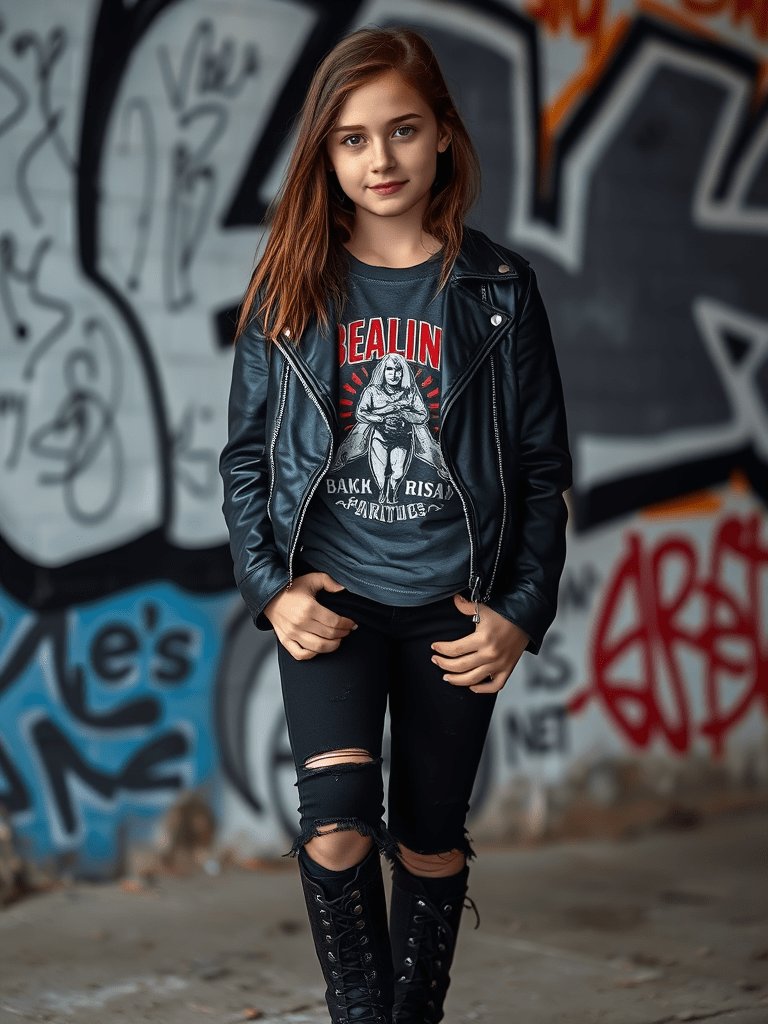 Teen girl in leather jacket and graphic tee for edgy fall look