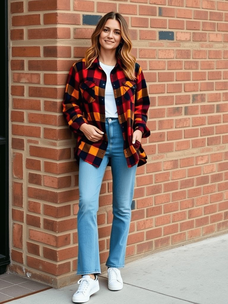90s grunge fall outfit: oversized plaid shirt and mom jeans