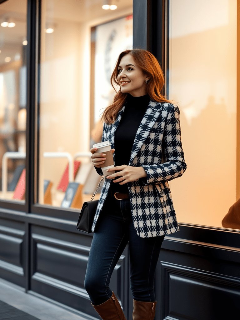 Sophisticated preppy fall outfit with houndstooth pattern