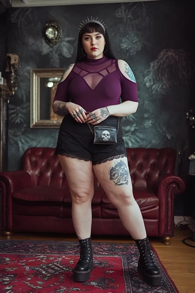 Plus-Size-Cold-Shoulder-Mesh-Panel-Summer-Goth-Outfit-683x1024