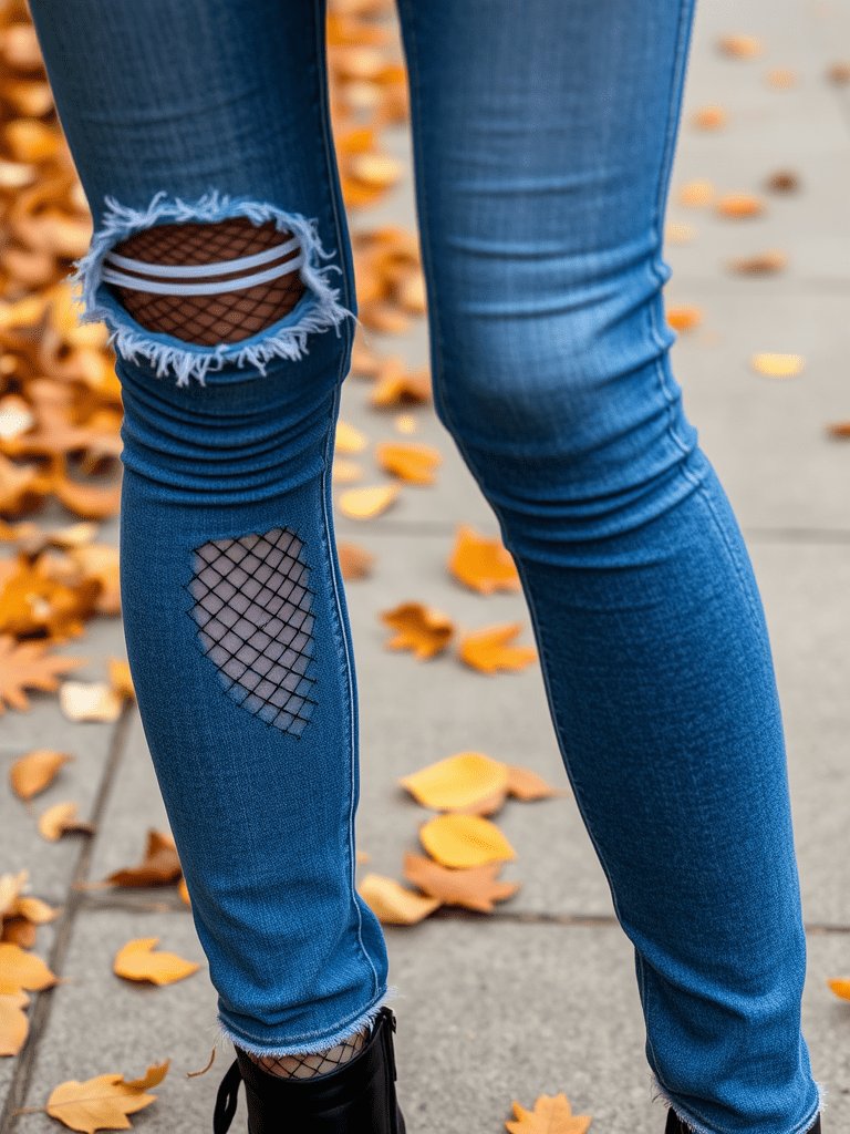 Edgy fall outfit: Fishnet tights under ripped jeans