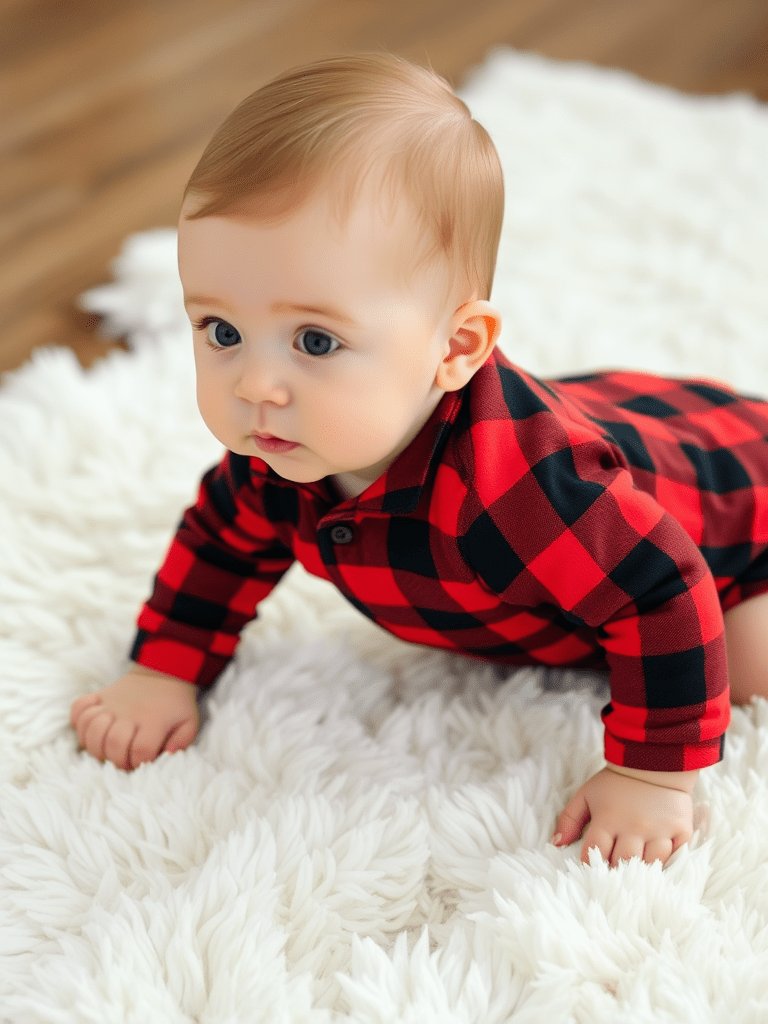 Baby boy in flannel onesie crawling on white rug