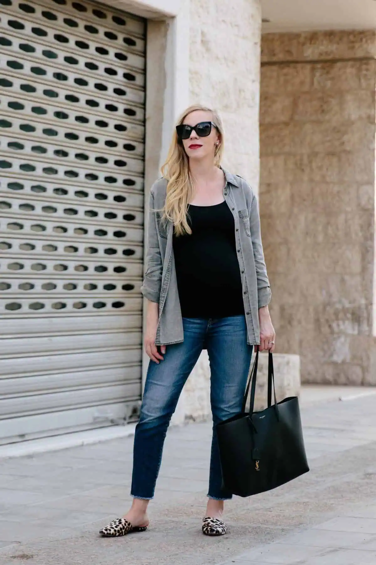 Meagan-Brandon-fashion-blogger-of-Meagans-Moda-wears-casual-maternity-outfit-with-olive-shirt-straight-leg-jeans-and-leopard-mules