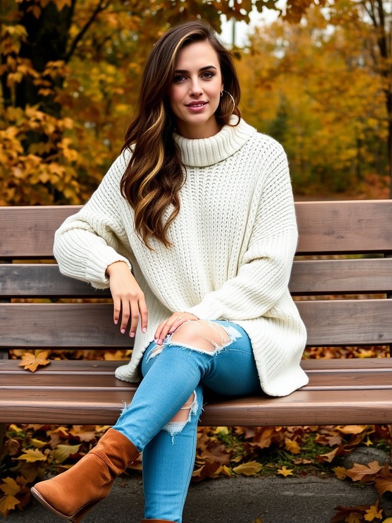 Boho fall outfit: Oversized sweater with distressed jeans