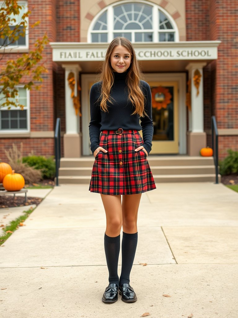 Teen girl in plaid skirt and knee-high socks for preppy fall style