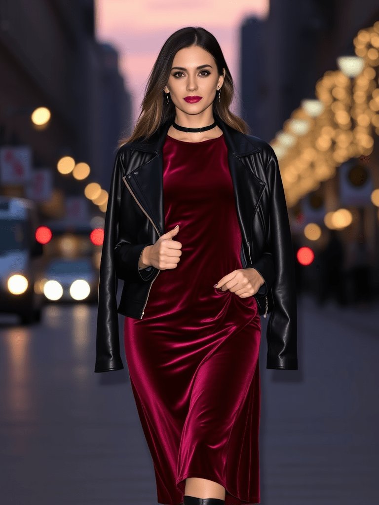 Edgy fall outfit: Velvet dress with leather jacket