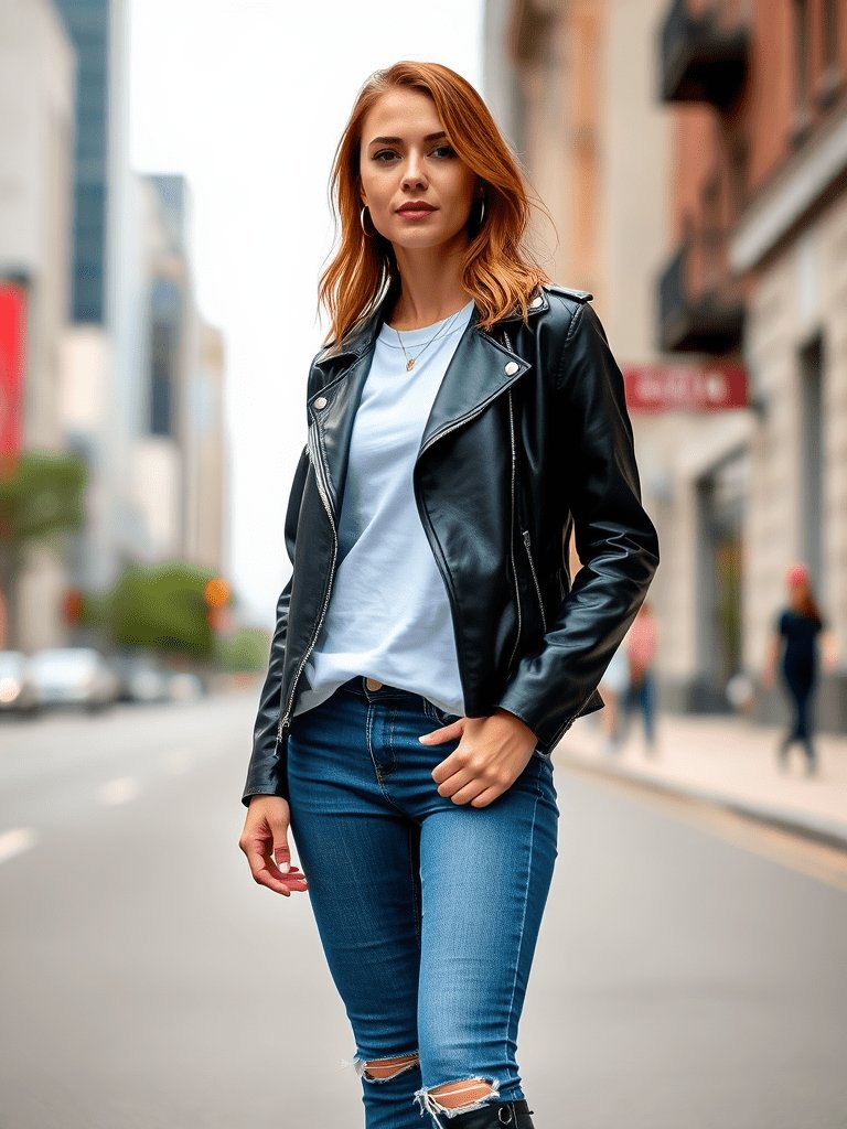 Woman in leather jacket and white tee for edgy fall outfit