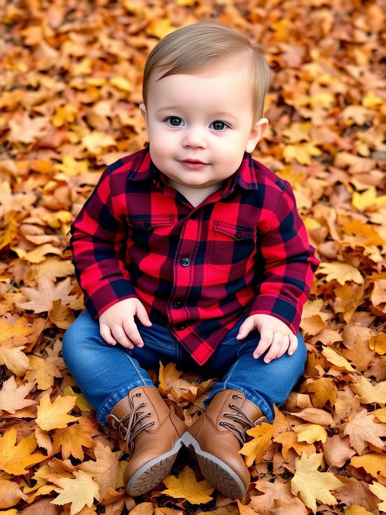 Baby boy in plaid shirt and jeans sitting on autumn leaves