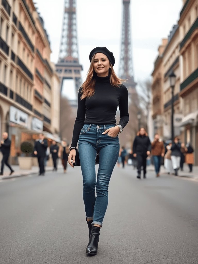 Parisian chic fall outfit with black turtleneck and beret