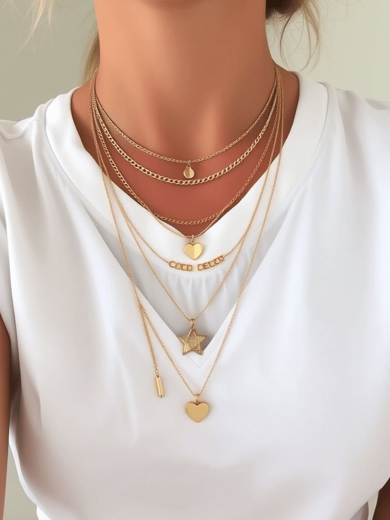 Boho fall outfit: Layered necklaces with v-neck tee