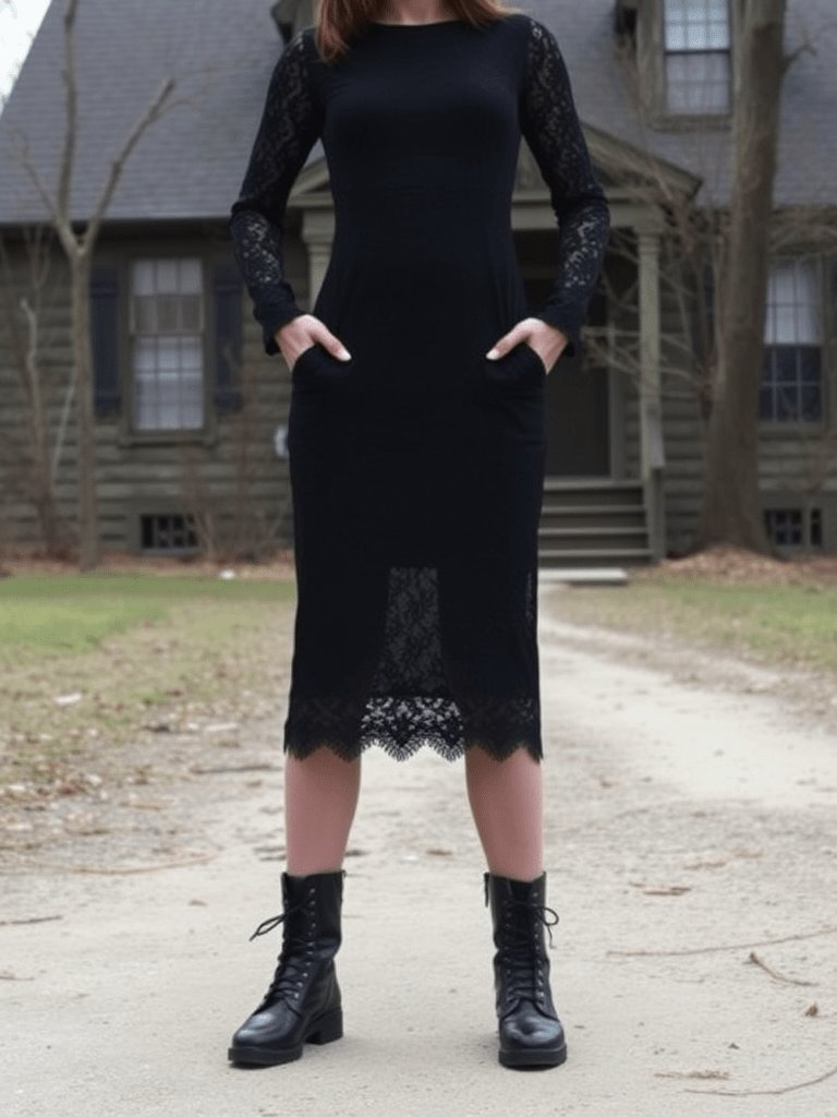 Edgy fall outfit: Gothic lace dress with combat boots
