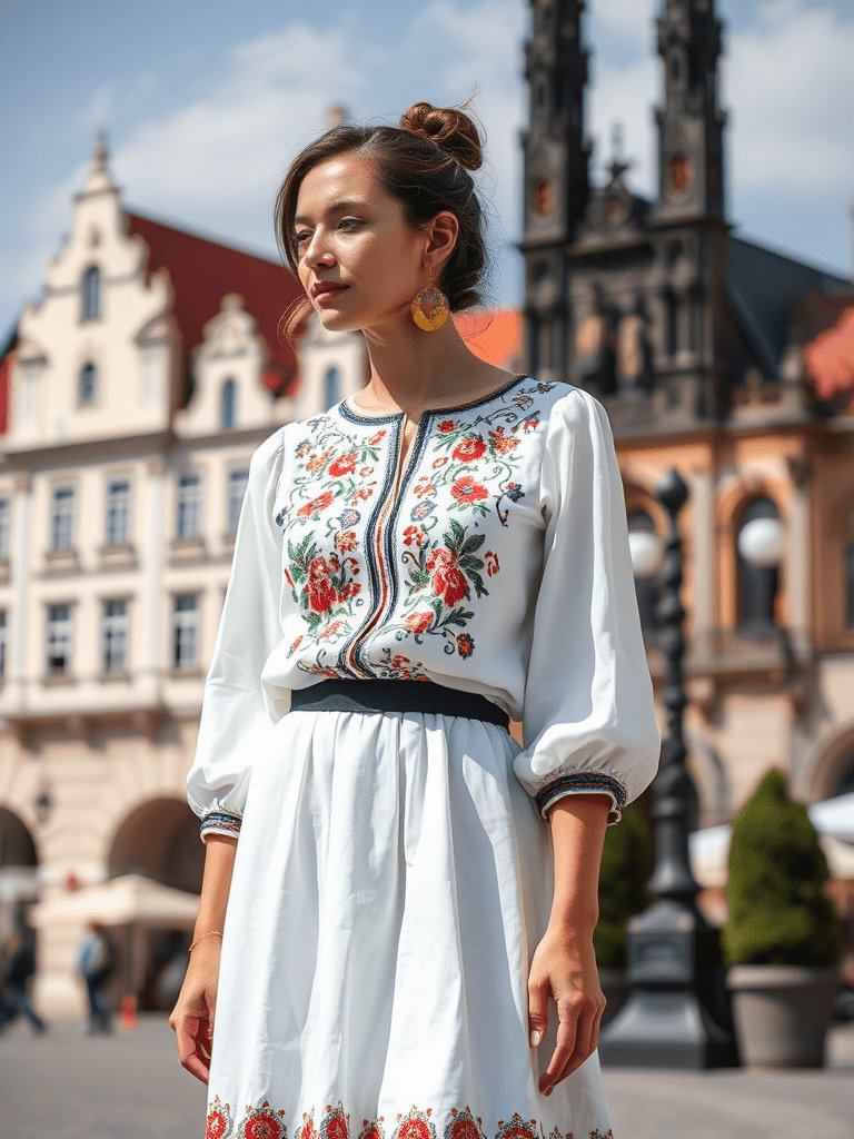 Polish-inspired fall outfit fusing modern style with folk embroidery