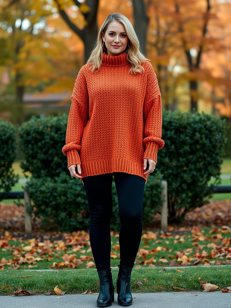 Mid-size woman in oversized sweater and leggings for fall